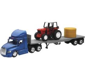 16083 New Ray Toys Freightliner Cascadia Flatbed With Farm Tractor And Round Hay Bale/ 16083 New Ray Toys Freightliner Cascadia Flatbed With Farm Tractor And Round Hay Bale/