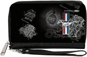 Bd-wwmn-08-fmaz Stangstuff Zip Around Wallet - Mustang Tri-bar Logo And Motor Blueprint Licensed Free Ship