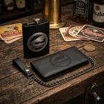 Indian Motorcycle Genuine Leather Biker Wallet Chain Stainless Steel Flask Set. Fixed Price $42.95.
