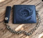Genuine Leather Biker Bi-fold Black Wallet With 12" Chain Ride To Live Skull. Fixed Price $22.95.