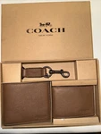 Coach Men's 3 In Compact Id Leather Wallet With Key Fob F64118 Dark Saddle. Fixed Price $80.00.