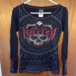 Harley-davidson Rhinestone Skull Long Sleeve Shirt Womens Xs Rochester Ny. Fixed Price $49.99.