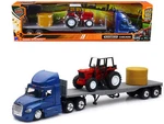 Freightliner Cascadia With Flatbed Trailer Blue Farm Tractor Red And Hay Ba. Fixed Price $53.88.