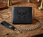 Genuine Soft Leather Biker Bi-fold Black Wallet With 12" Chain Skull. Fixed Price $22.95.