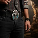 New Men Silver Metal Western Belt Buckle Cowboy Native American Indian Headdress. Fixed Price $22.95.