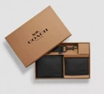 Coach F64118 Black Men's Compact Id Sport Wallet And Trigger Key Fob Boxed Set. Fixed Price $140.00.